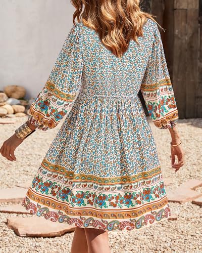 Image of BTFBM Women Casual Spring Summer Dresses V Neck 3 /4 Long Sleeve Ruffle Floral Flowy Boho Babydoll Mini Short Beach Dress