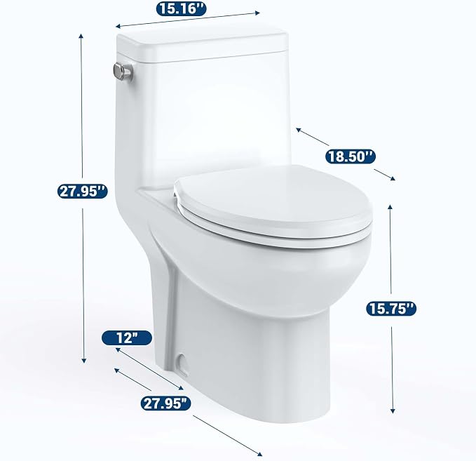 Inodoro de una pieza con tapa de asiento en forma de V, botones superiores de doble descarga (3/4.8 L), descarga superior potente, altura de asiento cómoda y cierre suave, inodoro moderno silencioso para baño (modelo W2111) miniatura 2