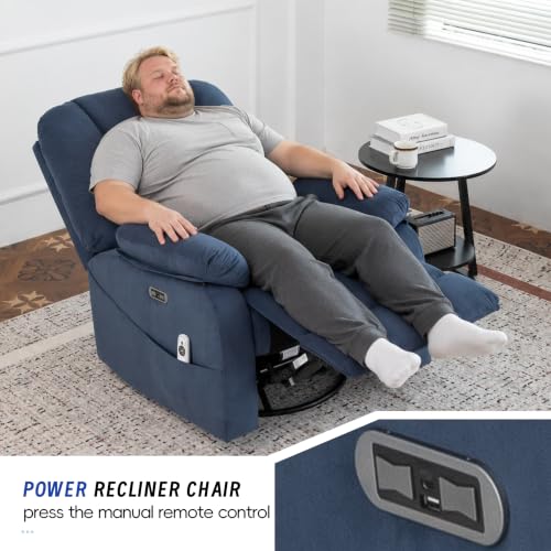 Image of Power Swivel Rocker Recliner Chair for Adults, Electric Rocking Recliner with Massage and Heat for Living Room Bedroom, Fabric Reclining Sofa Chair with USB and Type-C Ports,Navy Blue