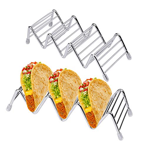 Stainless Steel Taco Holder Set of 2, Taco Stand Rack Metal Mexican Taco Shells Serving Tray, Taco Truck Tray Style Safe For Baking (Hold 3 or 4)