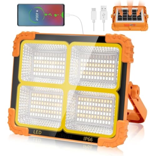 Image of 100W LED Construction Work Light, 10000LM Portable Rechargeable Spotlight with 12000mAh Battery, Solar & USB Rechargeable Flood Light, 4 Lighting Modes, IP66 Emergency Camping Light for Garage,Outdoor
