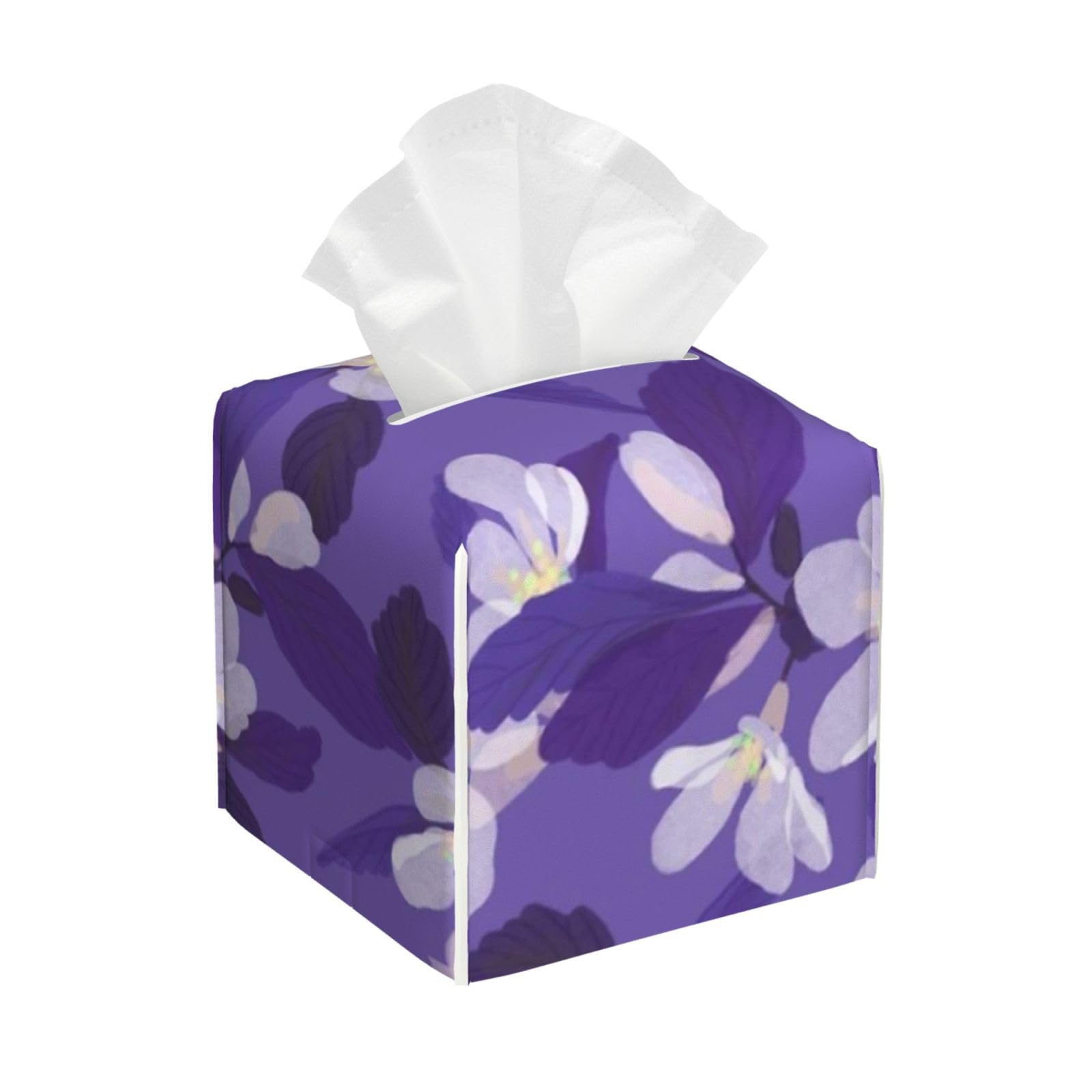 Purple Blossoms Tissue Box Cover 5" Square Leather Tissue Holder Facial Tissue Case for Tabletop Bedroom Bathroom Desk Decor