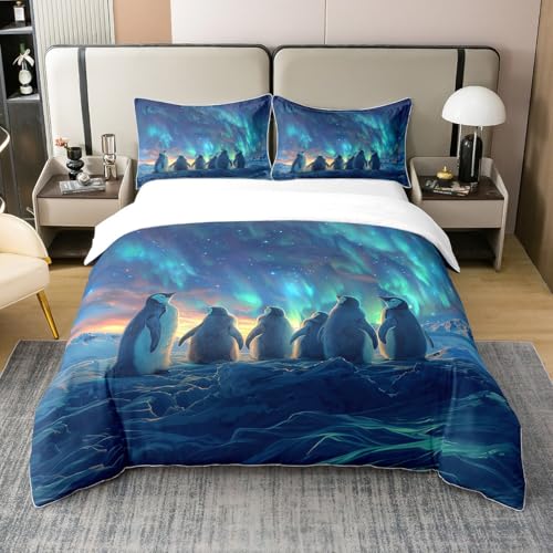 Homewish Pingouin Parure de Lit Enfants Garçons Filles 3D Pingouin Imprimé Literie Set 220x240 Animaux Antarctique Mignon Lit Set Cyan Ciel Bleu Draps...