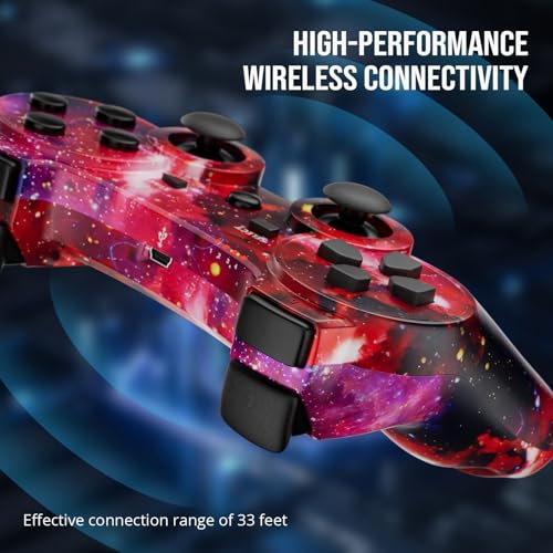 Image of ISHAKO Controller for PS3, Wireless Controller for PlayStation 3 /PC Windows, Upgraded Joystick with Dual Vibration and 6-Axis Motion Control, Ergonomic Design - Red Galaxy