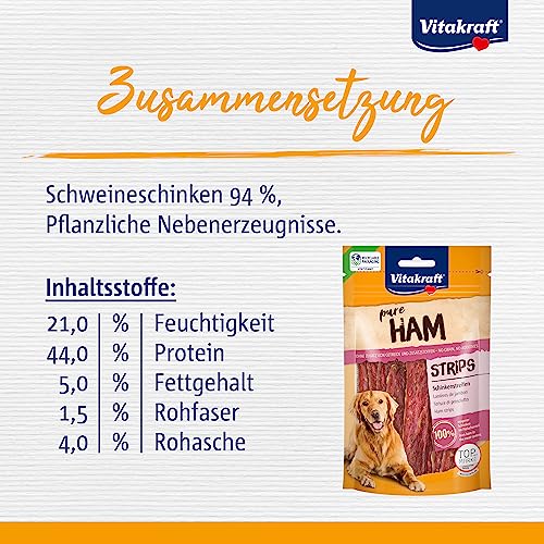 Vitakraft Pure Ham Strips, Hundeleckerli, Schinkenstreifen mit Schweinefleisch, Hunde Trainingsleckerli, ohne Zusatz von Zucker (1x 80g)