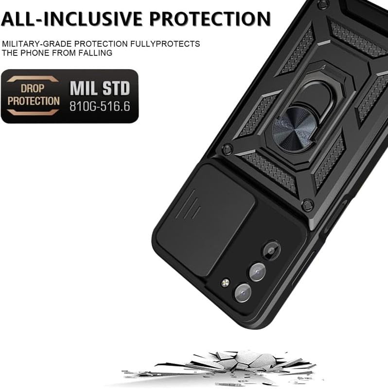 Image of Casodon Heavy Duty Back Case Cover for Nokia G21 5G, Shockproof Nokia G21 Back Cover, Ring Case with Kickstand and Camera Protection Shutter - Black