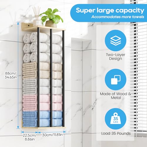 WeGXY Towel Racks for Bathroom Wall Mounted, 3 Bar Wall Towel Rack for Rolled Towels, Metal Towel Holder with Wooden Shelf, Sturdy and Large Capacity, Towel Storage Organizer