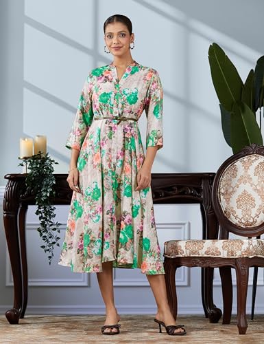 Image of BIBA Women Fit and Flare Below the Knee Rayon Flared Printed Dress