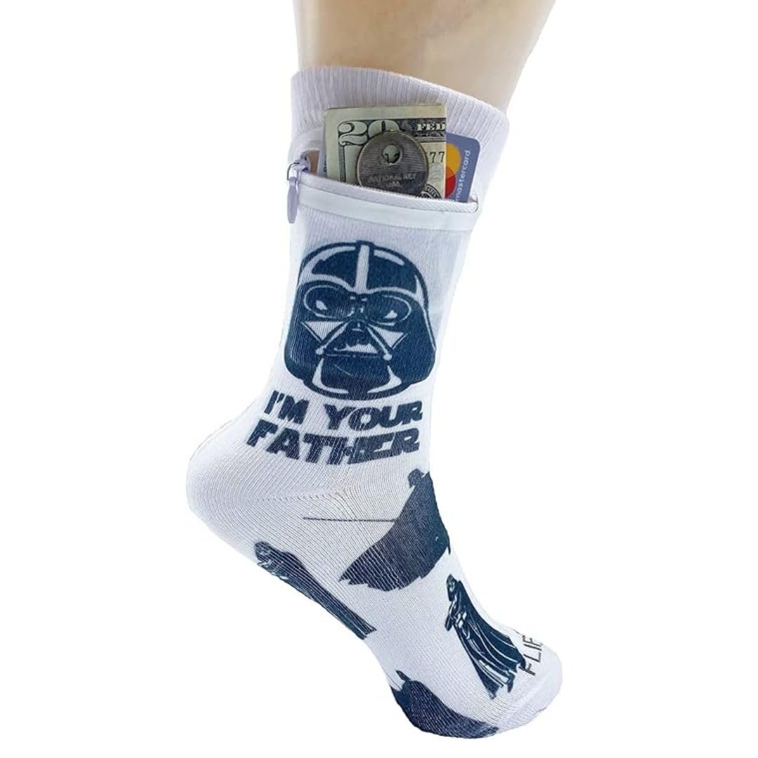 Zipper Sock Wallet - Cotton &amp; Polyester Zipper Socks with Pockets - Fits shoe size 6-13