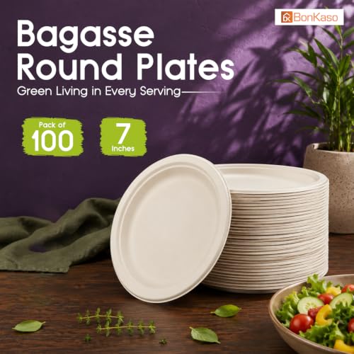 Image of Bonkaso 7 Inch, Pack of 100 Bagasse Disposable Round Plates (Beige)| Eco-Friendly Sugarcane Paper Plates | Biodegradable, Compostable & Sturdy | Ideal for Snacks, Desserts, Parties, Weddings & Events