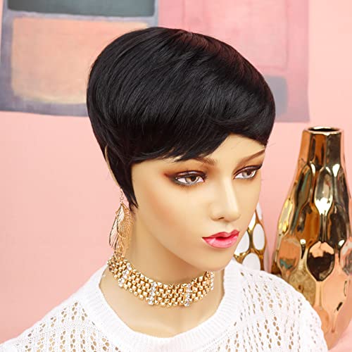 Evasens Pixie Cut Wigs Human Hair Short Wigs For Black Women Human Hair Pixie Wig With Bangs Short Black Wig Layered Wavy Wigs Cute Daily Wear Wig Color 1B None Lace Front Wigs #TOP1