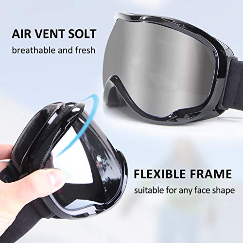 Skiing Goggles Snowboard Goggles Over Glasses Goggles Otg 100% Uv Protection Snowmobile Goggles Anti Fog Winter Snow Sports Goggles Dual Layers Lens Snow Goggles For Men, Women & Youth, Silver Lens #TOP2