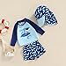 Kid Boy 3PCS Cartoon Striped Shark Print Swimsuit Summer Beach Long Sleeve Tops + Shorts + Hat (Blue Shark, 3-4 Years)