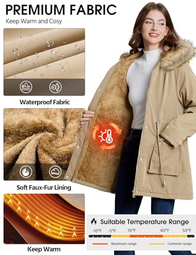 Lonya Winterjacke Damen Parka Winter Mäntel Fleecejacke Warm Mittellang Wasserabweisend Dicke Coat mit Kapuze Khaki,XL