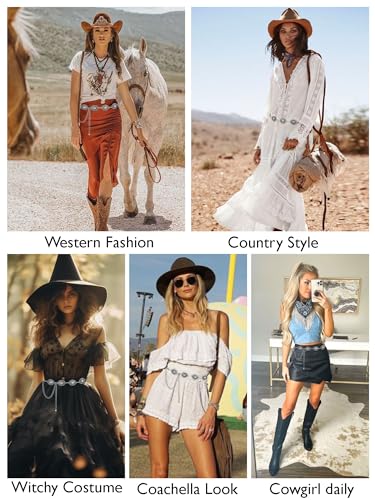 Image of FIORETTO Western Waist Chain Belt Metal Concho Belt for Women Cowgirl Cowboy Boho Country Belt for Dress Jean