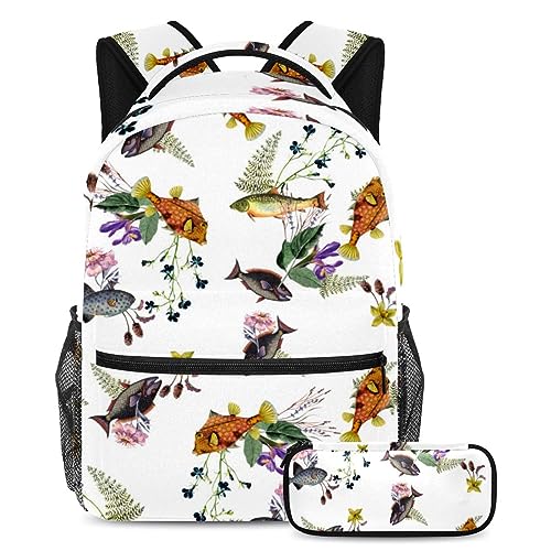 Sac à dos poisson multicolore avec trousse assortie pour écoliers et adolescents