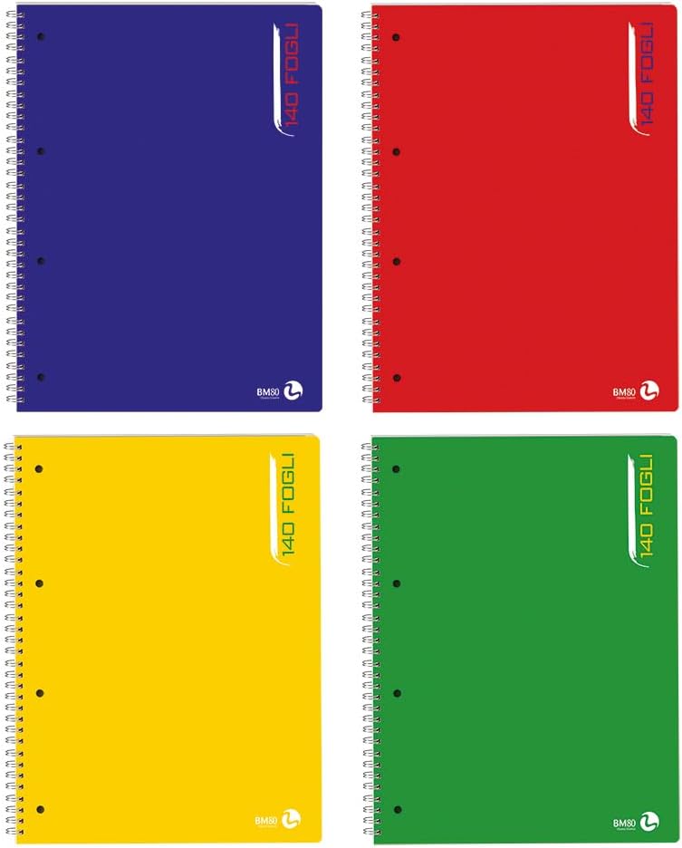 BM BeMore Spiral Block Maxi Color 140 Fg, 0112761, Spiral Block with Holes A4 Size 1R, Ruled Without Margins, Paper 80 g/m2, Assorted Colours, Pack of 3