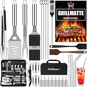 Grilliance BBQ Grillbesteck Set 30 Grillzubehör aus Hochwertiger Edelstahl Grillzange Grillspachtel Korkenzieher Grillset mit Grillkoffer und Grillmatte für Männer Geschenk für Garten Camping Silber