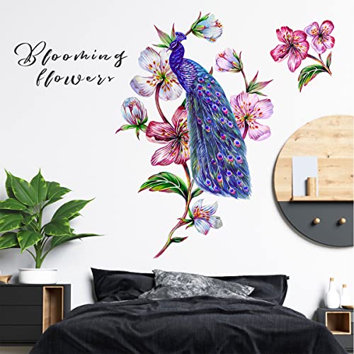 Woyinis Watercolor Peacock On Flower Tree Branch Wall Decal Blue Peacock Wall Stickers Removable Living Room Girls Bedroom Office Sofa Tv Background Wall Décor #TOP29