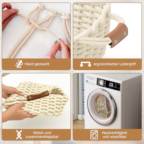 Aufbewahrungskorb Geflochten, Waschbar und Faltbar, Körbchen mit Ledergriffen, Aufbewahrungs box ideal für Accessoires, Kosmetika, das Badezimmer (Weiß, L33*W22*H15CM)