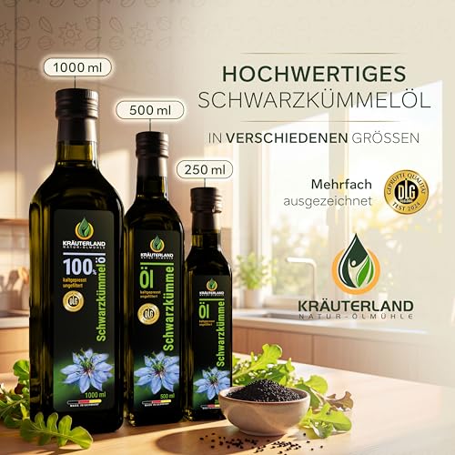Kräuterland Schwarzkümmelöl 250ml, ungefiltert, kaltgepresst, Omega 3-6-9, ohne Zusatz von Aromen & Konservierungsstoffe, hoher Thymochinin, mild, mühlenfrisch aus unsrer hessischen Ölmühle