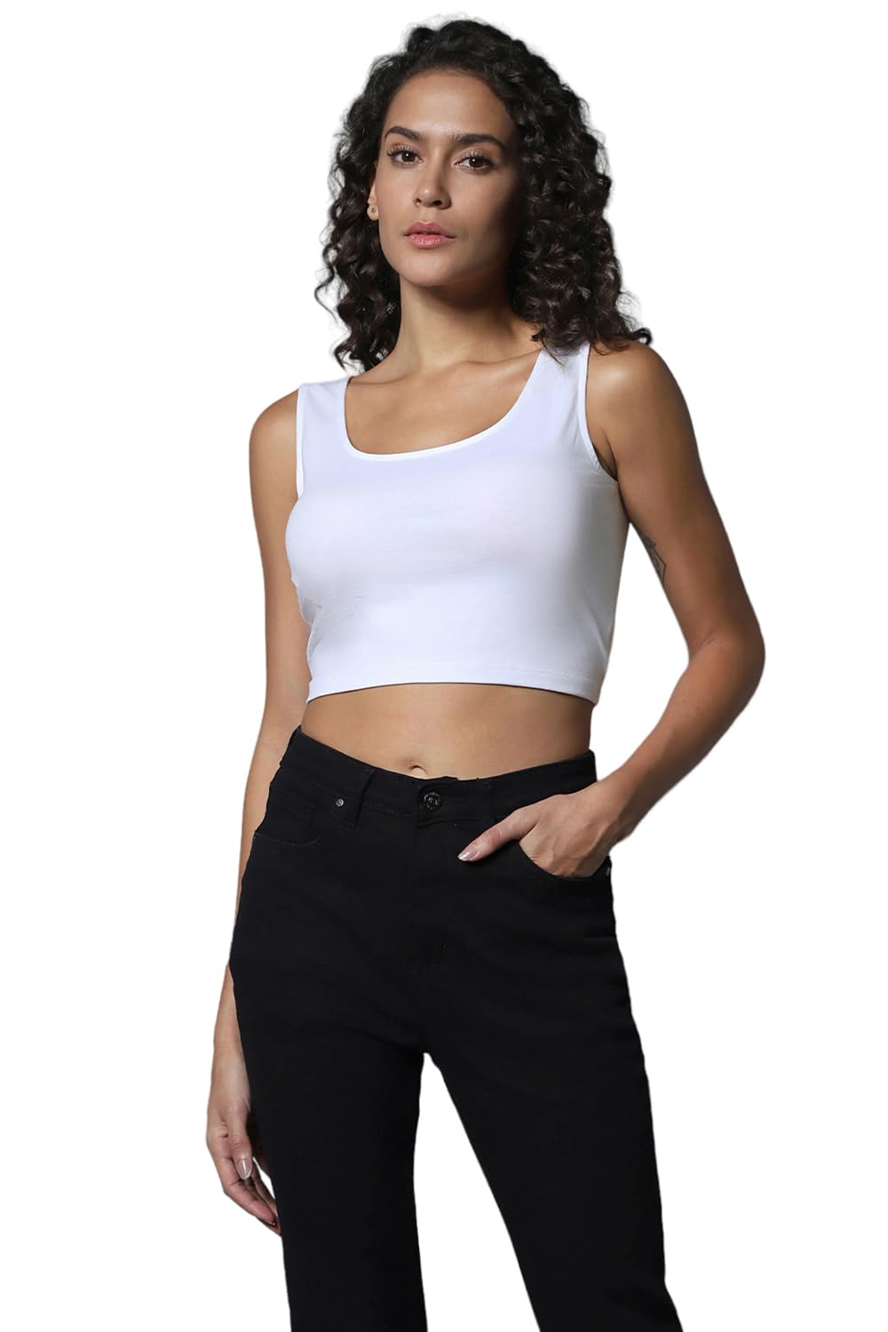 HIGH STAR Women's Round Neck Sleeveless White Crop Top; (Regular Fit, Crop BoxyTop, Boat Neck)