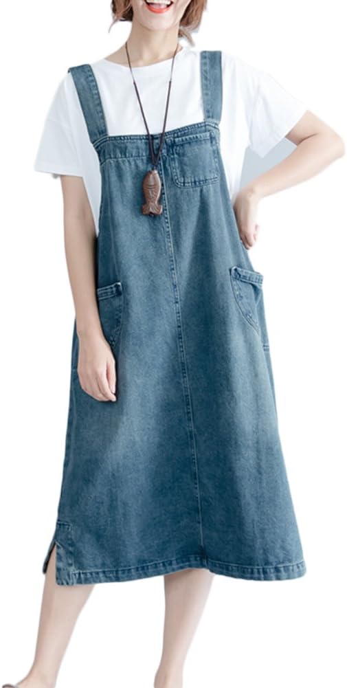 Women Casual Sleeveless Shift Loose Denim Suspender Skirt Long Vest Dress