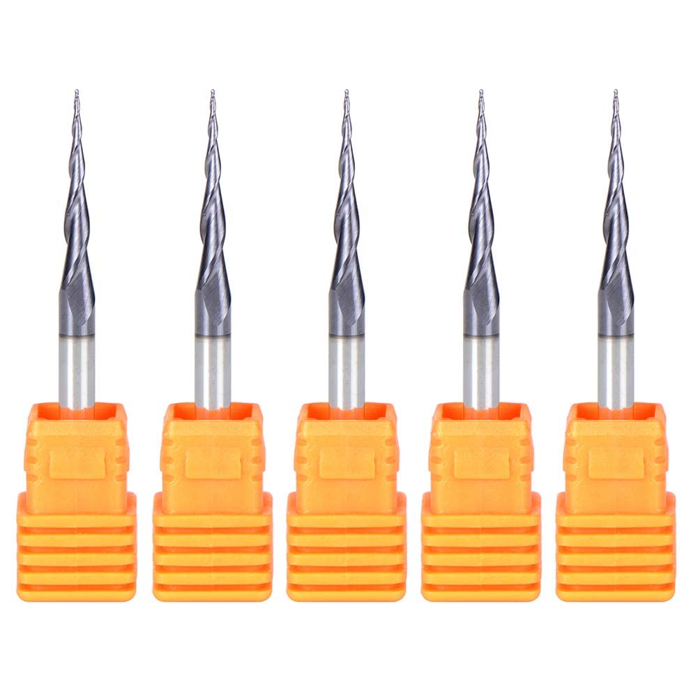 SpeTool 5 szt. stożkowy frez końcowy zestaw Promień kulki 0,25 mm chwyt 3,175 mm frez stożkowy frez do frezowania frezów CNC do obróbki drewna metal grawerowanie kula powłoka nos tiAln