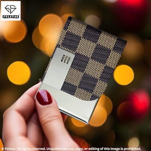 Image of Customised /Personlised Name Engraved Stainless Steel Metal Unisex RFID Blocking Business Visiting Wallet Card Holder for Men & Women /Gift Your Loved Once on Any Occasion (Brown Check)