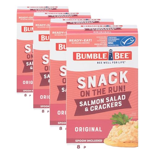 Image of Bumble Bee Snack On The Run Salmon Salad with Crackers Kit - Ready to Eat Protein Snack Pack - 8g Protein per Box - Wild Caught MSC Certified Seafood (Pack of 4)