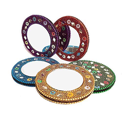 craftdecor Handcrafted Wooden Multicolor Decorative Rajasthani Hand Pocket Mirror for Ladies, Makeup Mirrror for Women (Pack of 5pc) (H X L XW: 8 cm x 8 cm x 0.5 cm) Round, Unframed, Dresser Mount-image-35