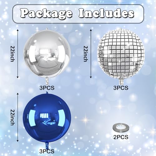 Image of 9 Pcs Blue Silver Round Foil Balloons Dark Navy Blue Metallic Silver Disco 4D Ball Balloons 22 In Ornament Mylar Balloon for Birthday Graduation Wedding Anniversary Retro Disco Prom Party Decor