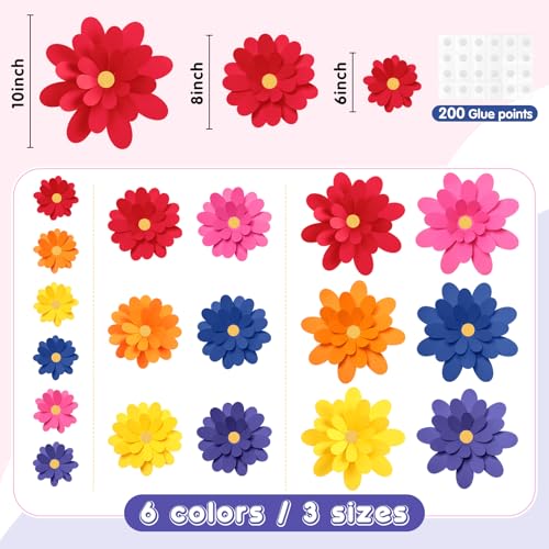 Image of MotiMind 18 Pcs Paper Flowers Bulletin Board Decorations DIY 3D Paper Floral for Wall Classroom Back to School Birthday Party Flower Backdrop Decoration Photo Backdrop(Dark Color,6 inch 8 inch 10 inch)