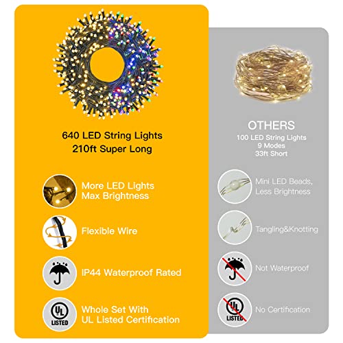 Ollny Christmas Lights Outdoor String Lights 210Ft/640 Led Super Long Multicolor 11 Modes&Timer Remote Waterproof Plug In Fairy Light For Xmas Tree Patio Holiday Indoor Decorations Warm White #TOP5