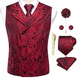 Hi-Tie Black and Red Paisley Victorian Vests for Men Silk Suit Vest Tie Set Lapel Pin Gold Tie Clip Double Breasted Steampunk Tuxedo Waistcoat