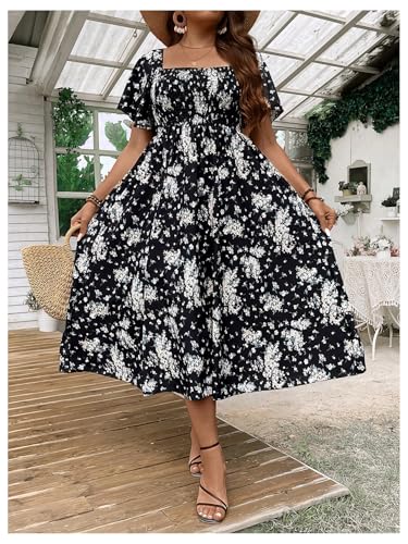 Image of Floerns Women's Plus Size Floral Square Neck Flounce Short Sleeve A Line Maxi Dress