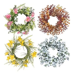 Small Wreaths for Kitchen Cabinets, 4pcs 8” Candle Wreath Rings Set, Spring, Summer, Fall, Winter Themed Home Décor, Perfect for Tables, Doors, Weddings, Parties, Christmas, and Seasonal Decorations