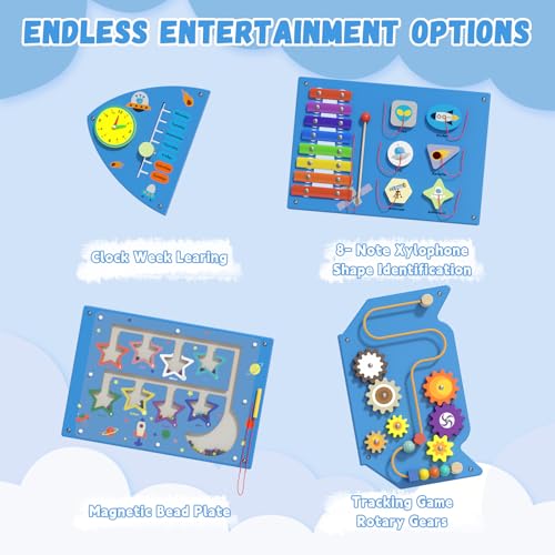 Image of Spacocld Montessori Busy Board - Blue Rocket Activity Wall Panels, Wall Toys for Toddlers 3+, Sensory Panels for Kids, Wooden Activity Cubes, Playroom Daycare Toys, Toddler Sensory Board (4PCS)