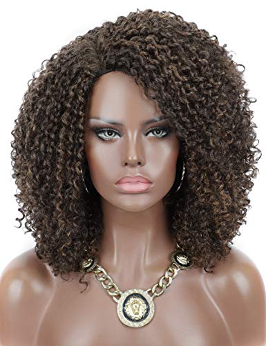 Kalyss Brown Highlights Afro Kinky Curly Wigs for Women Premium Synthetic Hair Wig Curved L Part Natural Looking Hair Wigs for Women