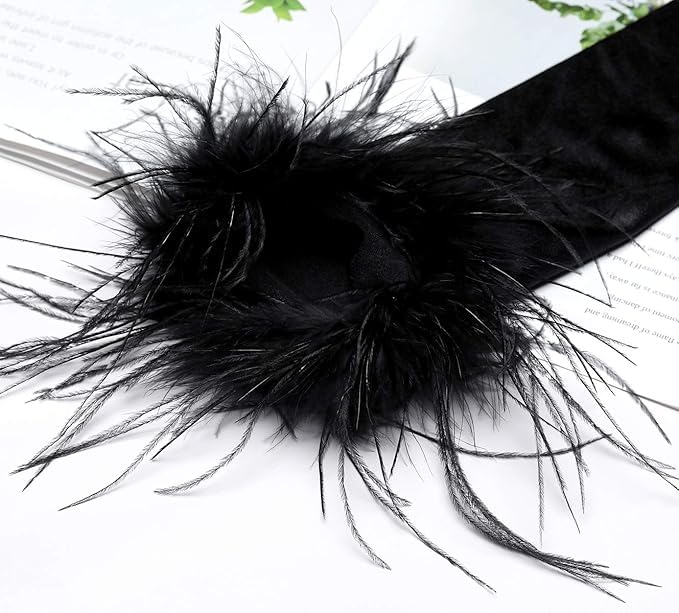 ALUNME Feather Gloves Satin Opera Evening Elbow 1920s Gloves Wedding Women Halloween Costume, black - Image 3