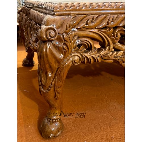 Image of CLASSIC WOOD & CRAFT Luxury Wooden Sofa Set with Center Table | Hand-Carved Solid Teak Wood Sofa Set with Upholstery | Royal Living Room Furniture for Home (Ligh Green Walnut 6 Seater)