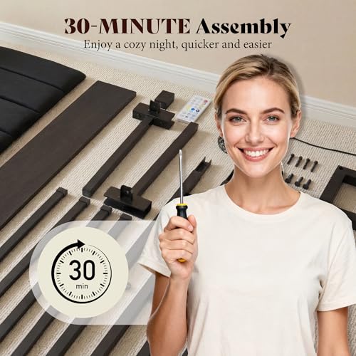 Image of AMERLIFE King Bed Frame with LED Lights & 2-Tier Storage Headboard | Black, 2 Storage Drawers, Metal Platform Frame, Velvet Upholstery, Heavy-Duty Slats, No Box Spring, Easy Assembly