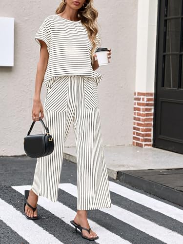Image of Tankaneo Womens Striped 2 Piece Sets Short Sleeve T Shirts Wide Leg Pants Matching Lounge Set with Pockets