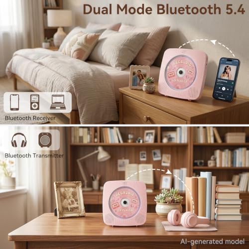 Image of CD Player Portable Bluetooth Rechargeable: CD Players for Home Kegaudio 1800mAh Desktop Wall CD Player with Speakers with Dust Cover FM Radio USB Remote Control