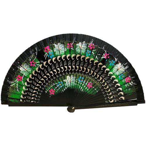 Nyutcwe Ventilador español, ventilador de mano plegable de pintura de flores de doble lado, madera hueca, mano española vintage portátil para la decoración del festival de baile