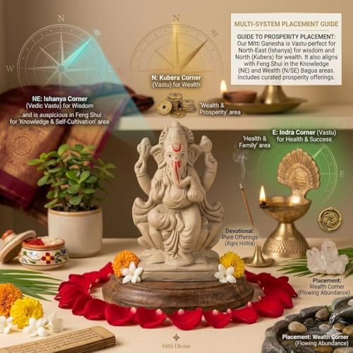 Image of SAUDEEP INDIA 6 Inch Mitti Ganesh Idol | Eco-Friendly Handcrafted Mud /Clay Ganesh Murti | Ganpati Figurine for Visarjan | Biodegradable Lotus Ganesha Statue | Ganesh Chaturthi (Export Quality)