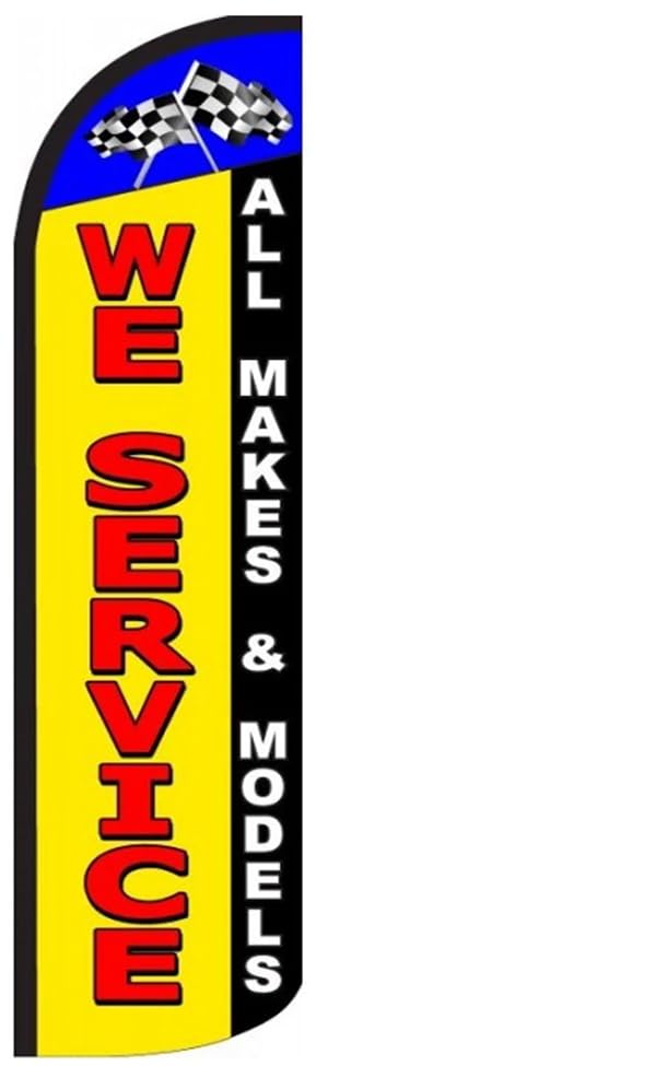 4 Less Co WE SERVICE ALL MAKES MODELS Windless Swooper Flag Feather Banner Auto Repair Shop Sign 3x11.5 ft Tall (Flag Only) yq