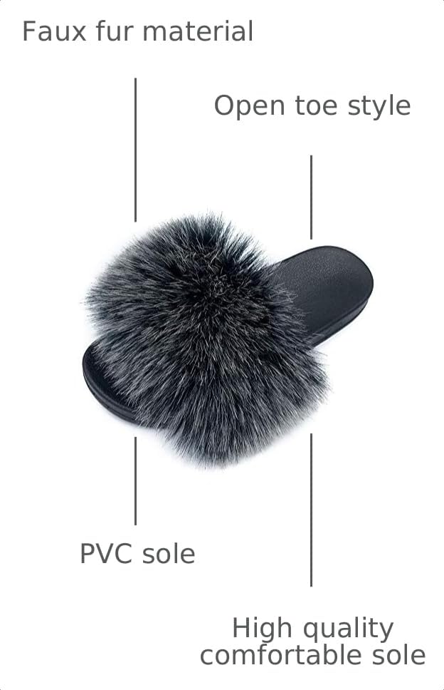 Image of Women's Faux Fur Slides Slippers Fluffy Fuzzy Sandals Open Toe Furry Slide Flip Flop Indoor Outdoor
