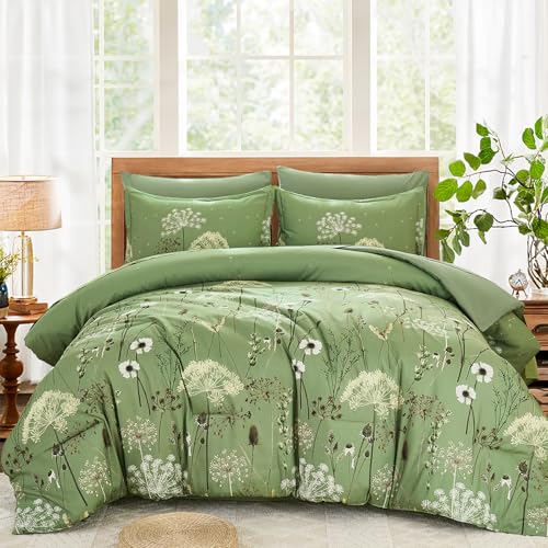 Yiran Sage Green Floral Comforter Set Queen with Sheets