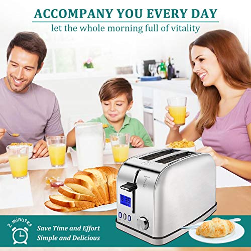 iFedio Best Rated Prime 2 Slice Toaster Stainless Steel with LCD Timer Display Wide Slots Bagel Defrost Cancel Function for Breakfast Removable Crumb Tray, 900W, Silver